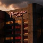 Exterior view of a corporate pharmaceutical building at dusk