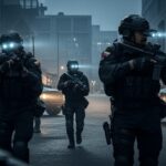 Tactical law enforcement team in an urban setting during a night operation