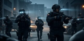 Tactical law enforcement team in an urban setting during a night operation