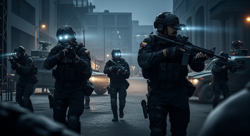 Tactical law enforcement team in an urban setting during a night operation