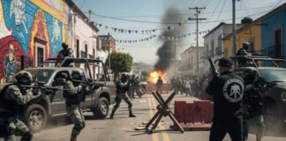A chaotic urban scene with armed soldiers and an explosion in the background