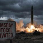 A missile launching with a sign indicating 'Doomsday Protocol Activated' in the foreground