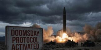 A missile launching with a sign indicating 'Doomsday Protocol Activated' in the foreground