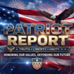 Graphic featuring the American flag, an eagle, and the Statue of Liberty