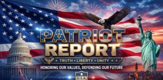 Graphic featuring the American flag, an eagle, and the Statue of Liberty