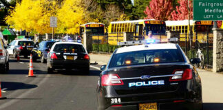 Police cars and school buses on a sunny street.