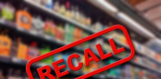 Recall text overlay on blurred store shelves background.