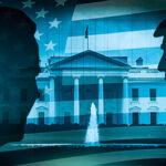 Silhouettes of two figures in front of the White House with an American flag overlay