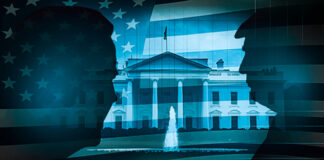 Silhouettes of two figures in front of the White House with an American flag overlay