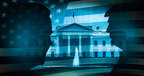 Silhouettes of two figures in front of the White House with an American flag overlay