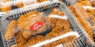 Packaged fried chicken in a grocery store with EBT eligibility label