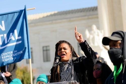 Speaker raises hand while addressing crowd at outdoor rally