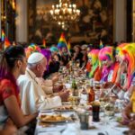 Drag Queen Mass Bishop Gets PROMOTED… A diverse group of people at a dinner table wearing rainbow wigs and hats