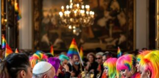 A diverse group of people at a dinner table wearing rainbow wigs and hats