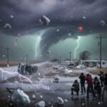 A tornado with lightning strikes and debris in a stormy landscape
