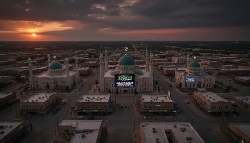 Aerial view of a mosque complex at sunset with surrounding buildings