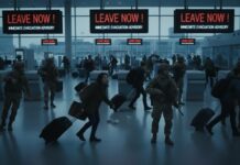 Crowd of people in an airport responding to evacuation alerts with military personnel present