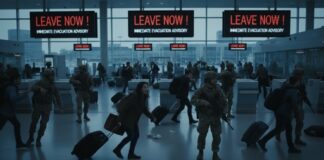 Crowd of people in an airport responding to evacuation alerts with military personnel present