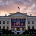 The White House facade at dusk with a large campaign banner
