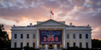 The White House facade at dusk with a large campaign banner