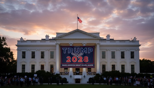 The White House facade at dusk with a large campaign banner