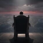 A figure sitting on a throne overlooking the earth from a high vantage point
