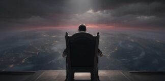 A figure sitting on a throne overlooking the earth from a high vantage point