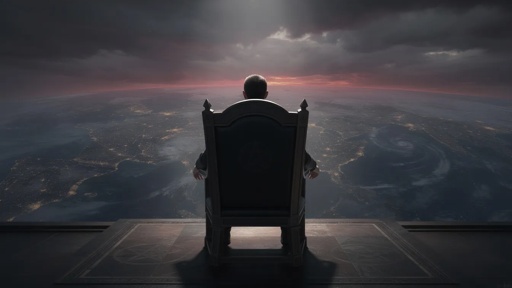 A figure sitting on a throne overlooking the earth from a high vantage point