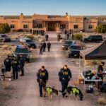 FBI agents conducting an operation at a desert location with vehicles and tents