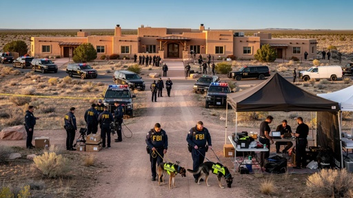 FBI agents conducting an operation at a desert location with vehicles and tents