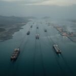 Aerial view of cargo ships navigating a shipping channel