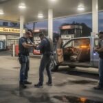 Police officers conducting an operation at a gas station at night