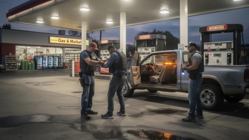 Police officers conducting an operation at a gas station at night