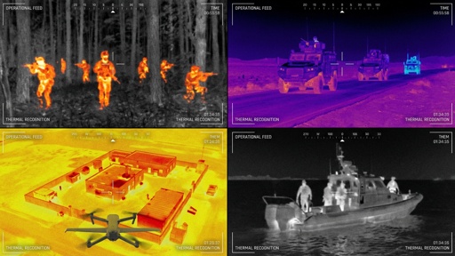 Thermal images showing military personnel and vehicles in various environments