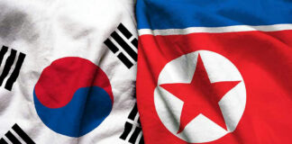 South Korea and North Korea flags side by side.