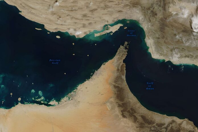 Satellite view of the Strait of Hormuz and surrounding coastlines