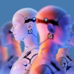 Row of humanoid robots in profile with neon lighting against a blue background