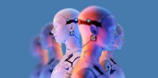 Row of humanoid robots in profile with neon lighting against a blue background