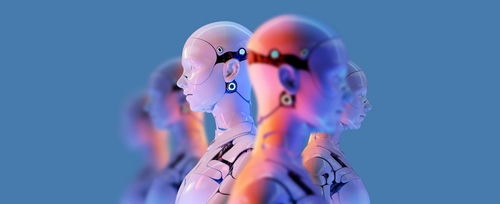 Row of humanoid robots in profile with neon lighting against a blue background