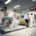 Medical staff rushing patient on stretcher in emergency room.