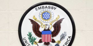 Great Seal of the United States on an embassy plaque