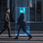 A digital overlay of a persons face on a pedestrian walking in an urban environment