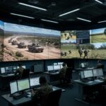 Military personnel monitoring operations in a high-tech command center