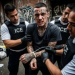 Law enforcement officers arresting a man with tattoos in an urban environment