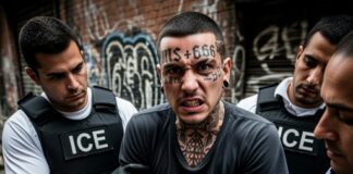 Law enforcement officers arresting a man with tattoos in an urban environment