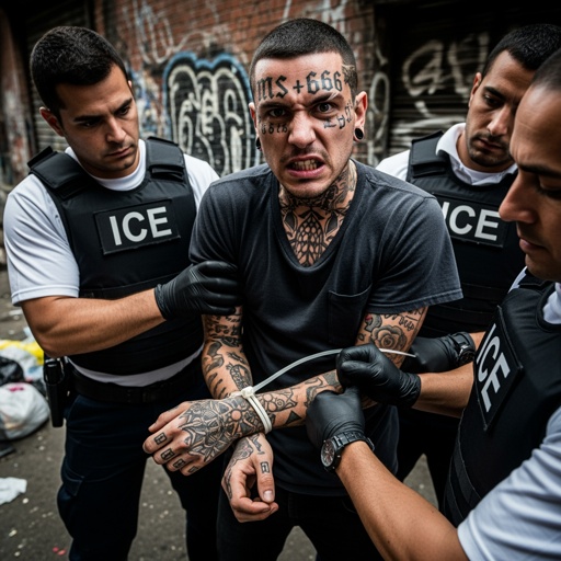 Law enforcement officers arresting a man with tattoos in an urban environment