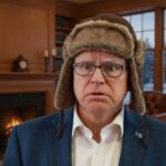 A man in a fur hat with a surprised expression in a cozy room