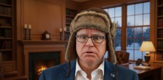A man in a fur hat with a surprised expression in a cozy room
