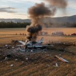A crashed airplane emitting smoke with emergency responders on site
