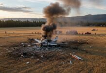 A crashed airplane emitting smoke with emergency responders on site